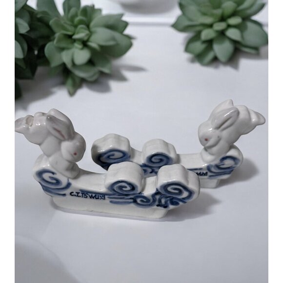 Vintage Set Of 2 Porcelain Chopstick Rests/Holders Rabbits Spring - Picture 5 of 6